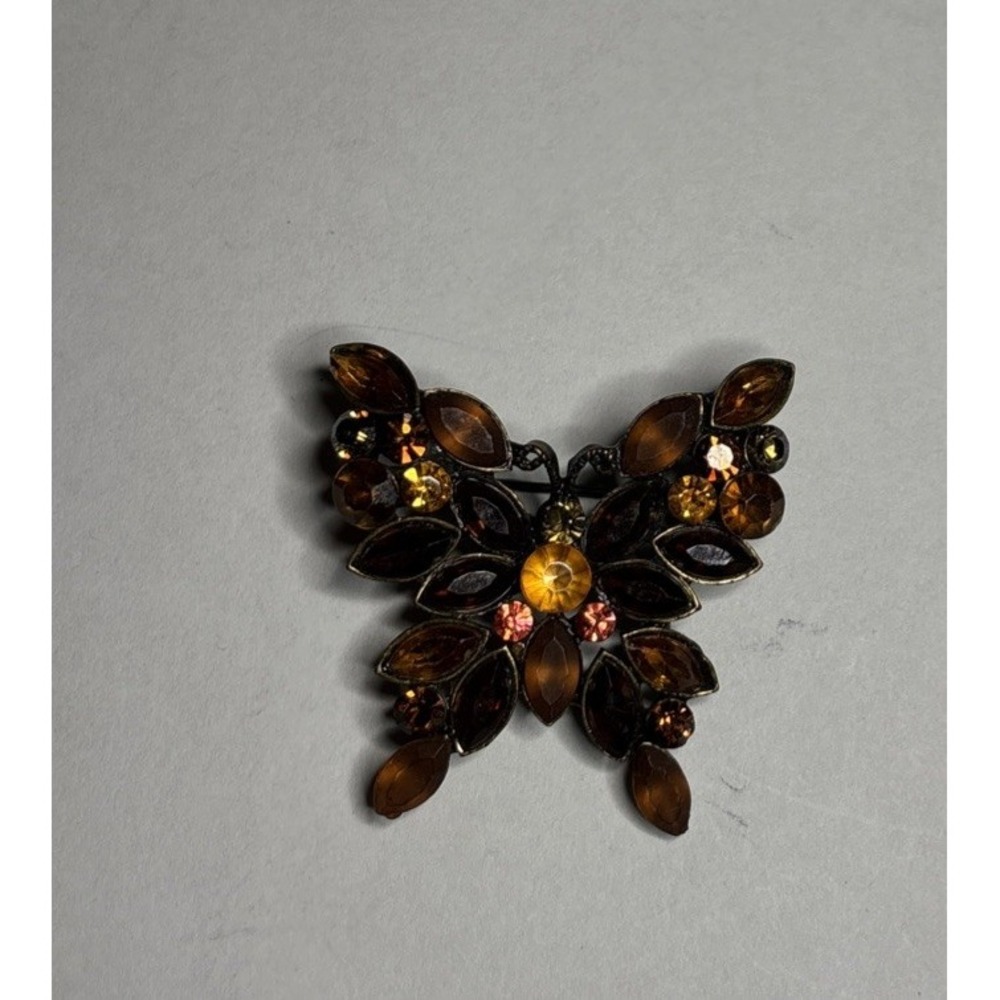 Amber Brown Rhinestone Butterfly Brooch Gold Tone Autumn Statement Pin 1"